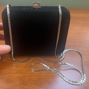 Enzo Angiolini Black Velvet Small Evening Box Clutch Silver Chain and Top Clasp